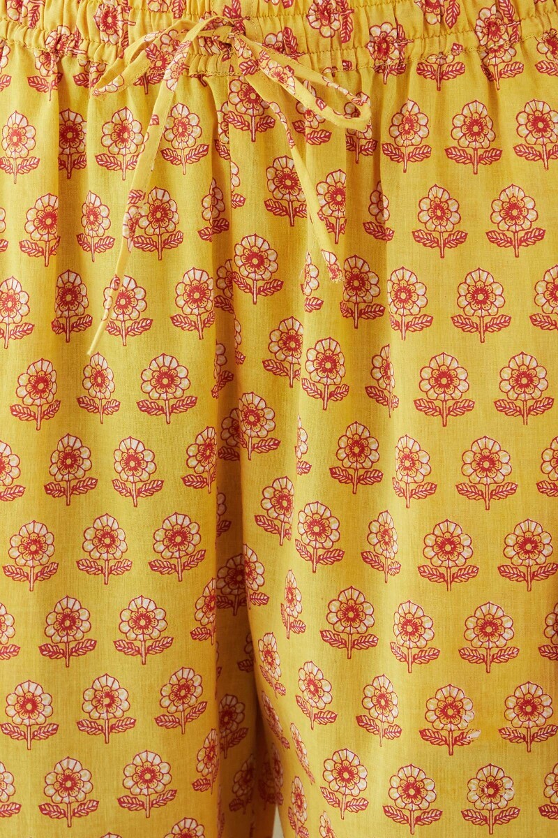 Yellow Hand Printed Cotton Narrow Pants