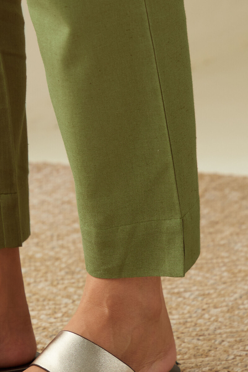 Green Handcrafted Cotton Flax Narrow Pants