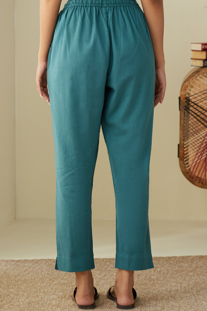 Blue Handcrafted Cotton Flax Narrow Pants