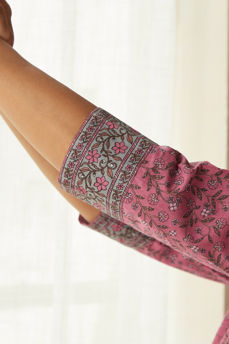 Pink Hand Printed Straight Cotton Slub Kurta