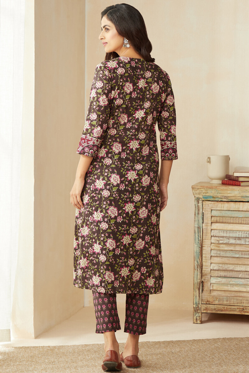 Brown Hand Printed Straight Cotton Kurta