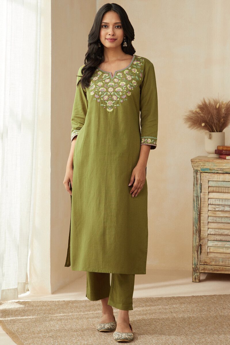 Olive Green Handcrafted Straight Cotton Flax Kurta