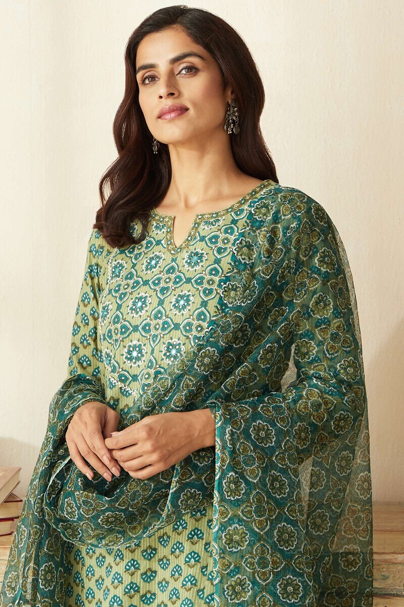 Green Hand Printed Straight Cotton Dobby Kurta