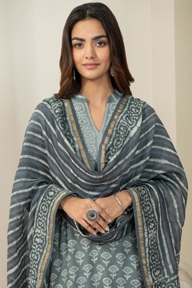 Grey Hand Block Printed Chanderi Dupatta