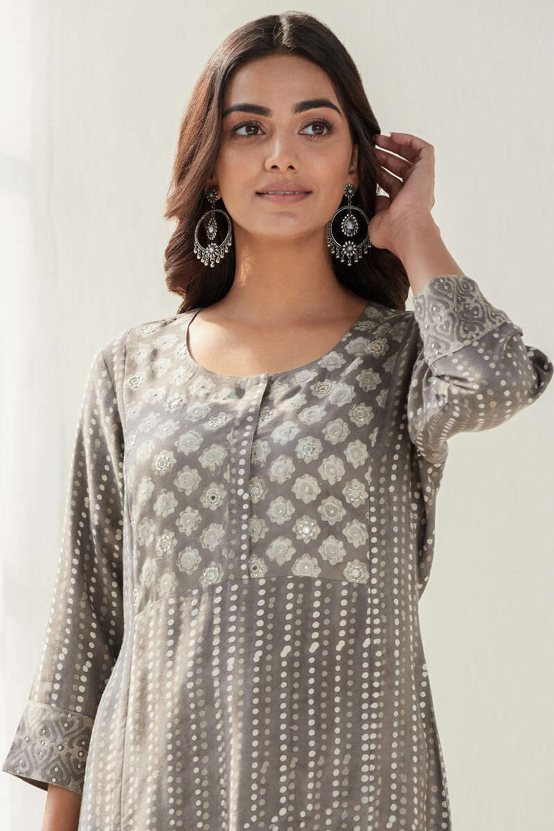 Grey Hand Block Printed Straight Modal Kurta
