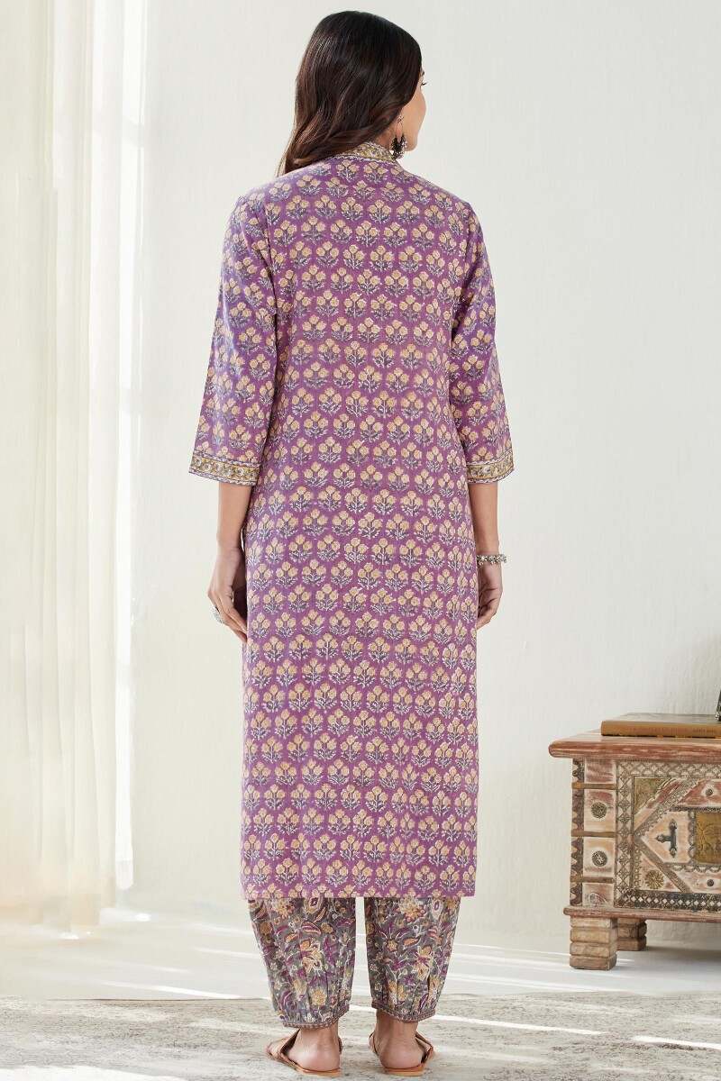 Purple Hand Block Printed Straight Cotton Slub Kurta