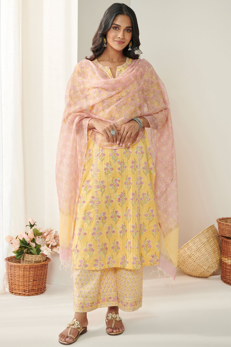 Yellow Hand Block Printed Straight Cotton Slub Kurta