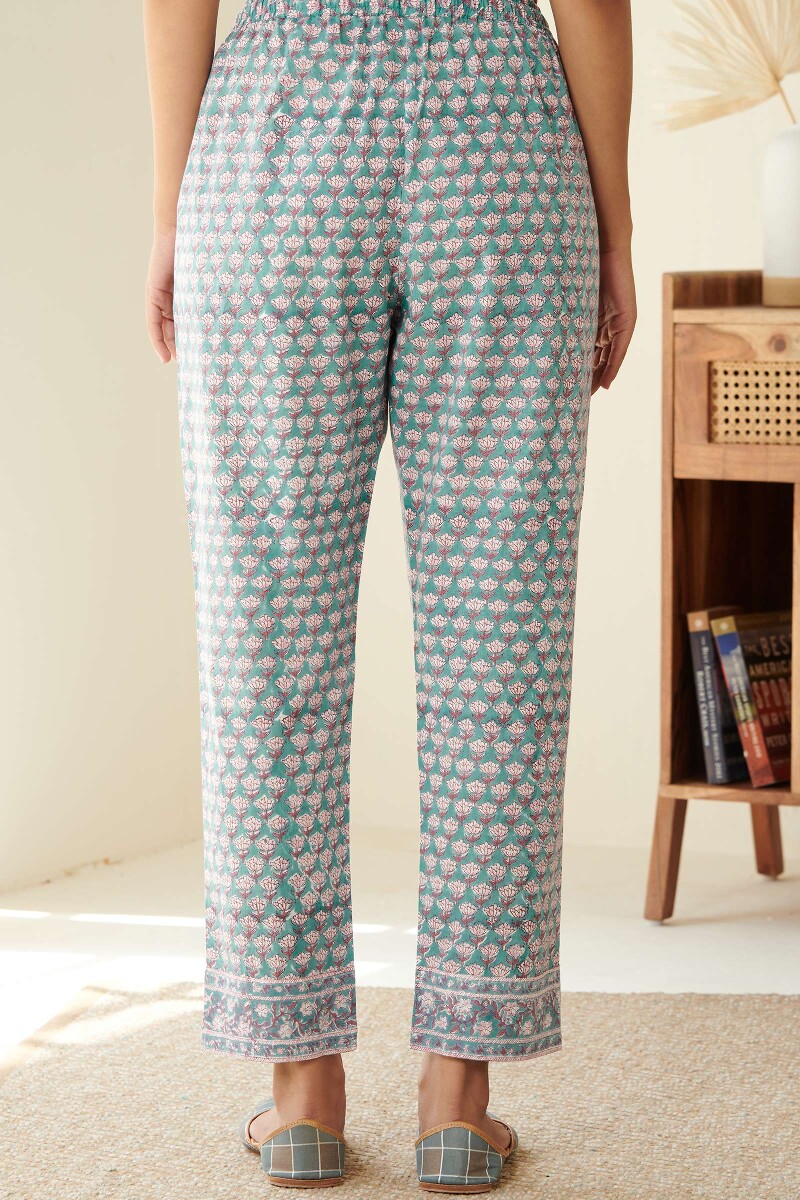 Blue Hand Block Printed Cotton Narrow Pants