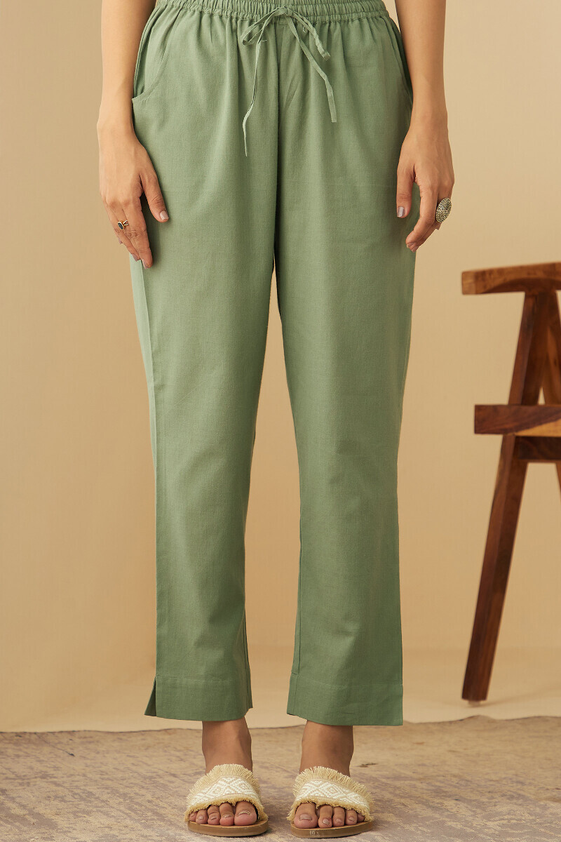 Green Handcrafted Cotton Narrow Pants