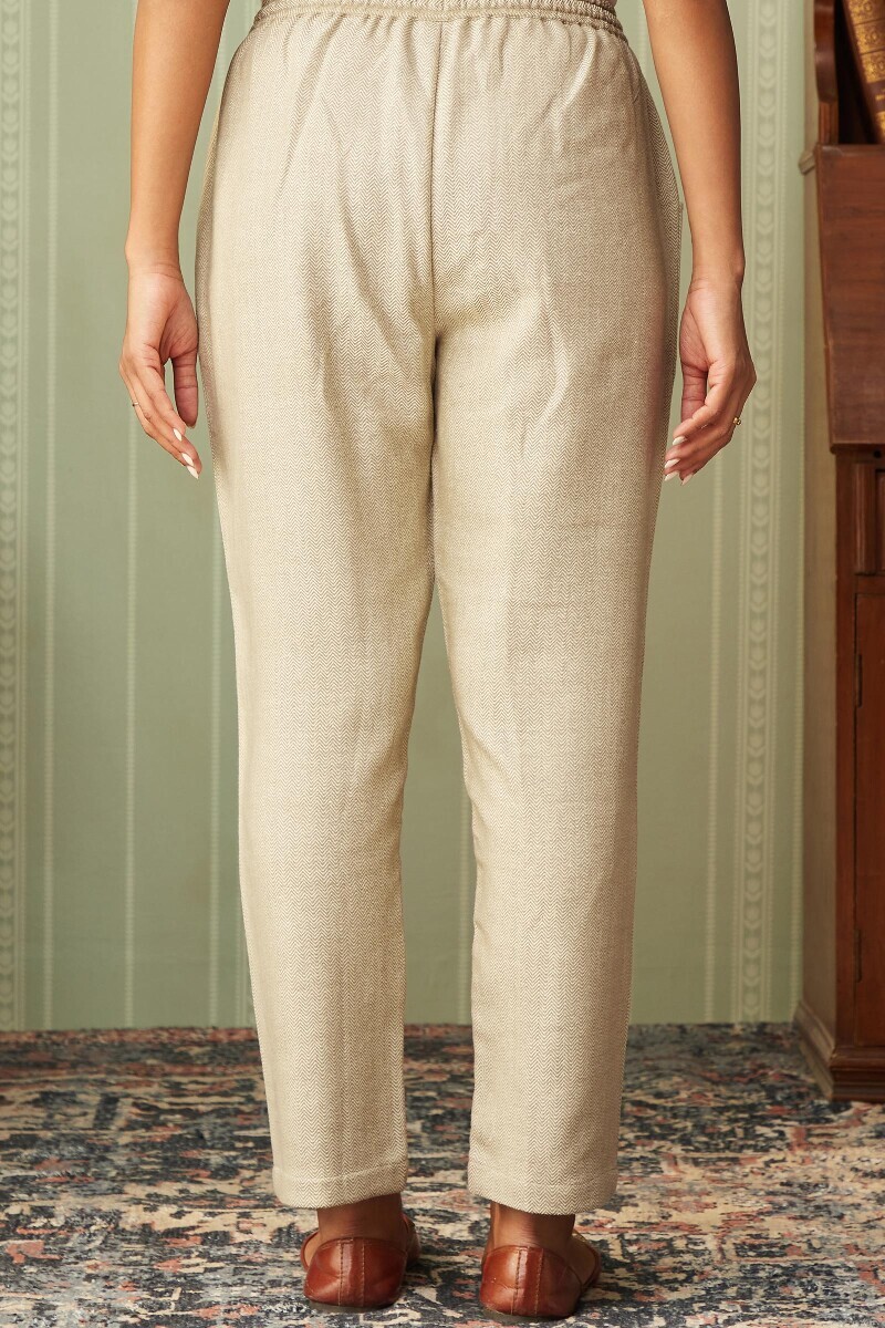 Beige Handcrafted Faux Wool Narrow Pants