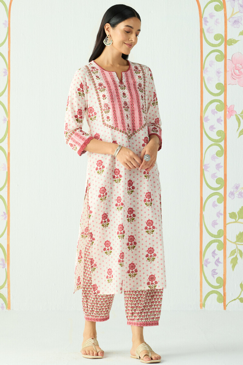 White Hand Printed Straight Cotton Dobby Kurta
