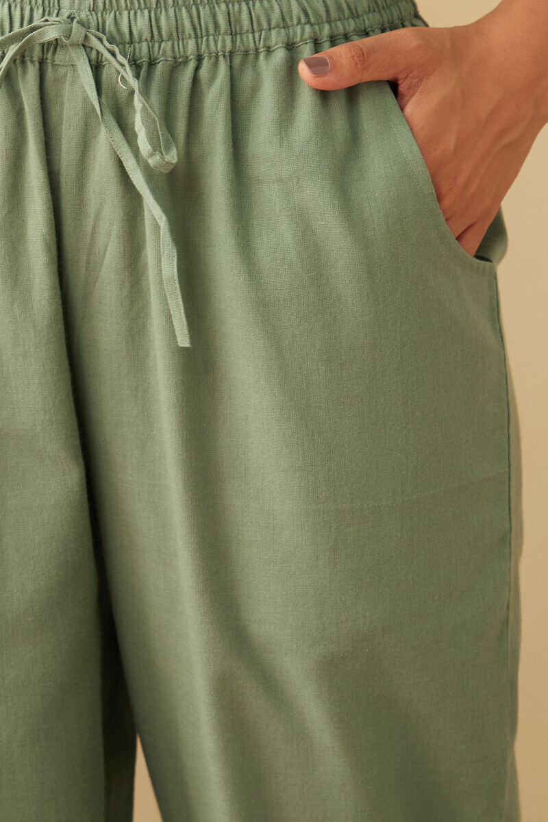 Green Handcrafted Cotton Narrow Pants