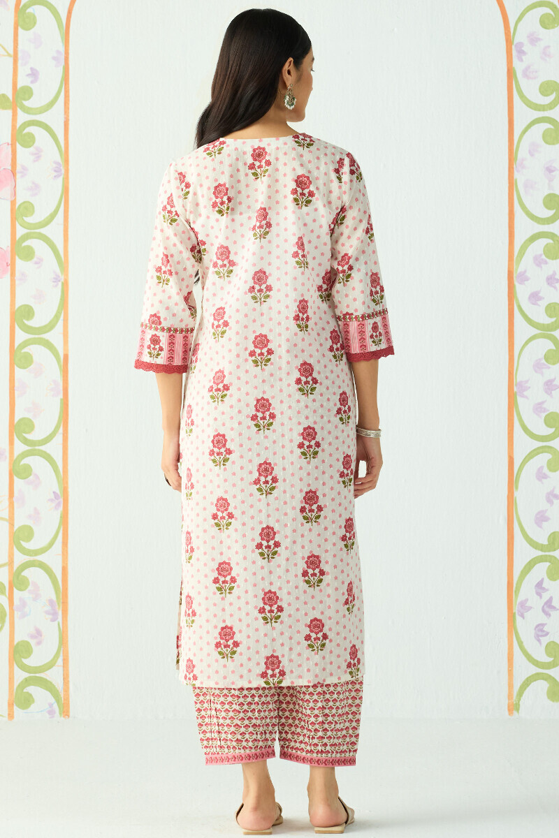 White Hand Printed Straight Cotton Dobby Kurta