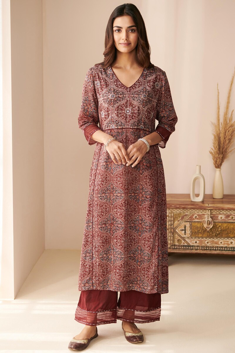 Ajrak Hand Block Printed Straight Modal Satin Kurta