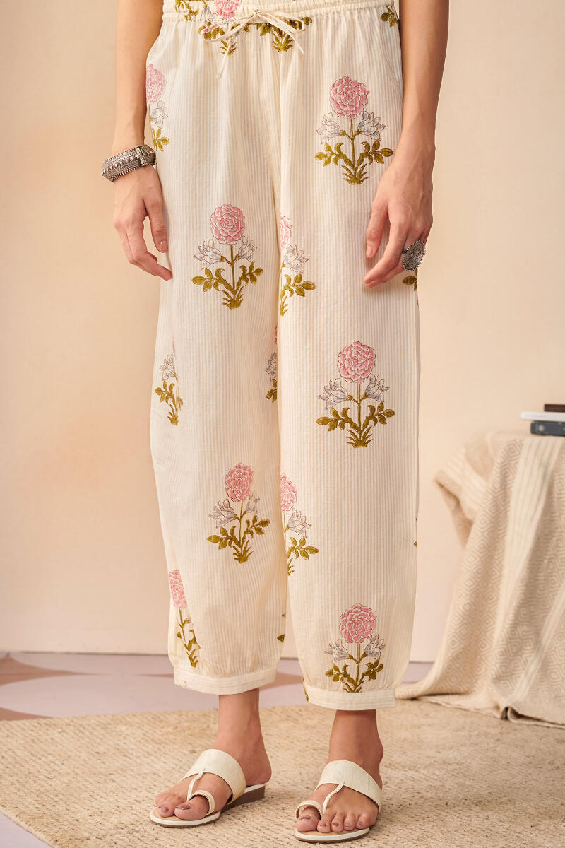 Off-White Hand Block Printed Cotton Izhaar Pants