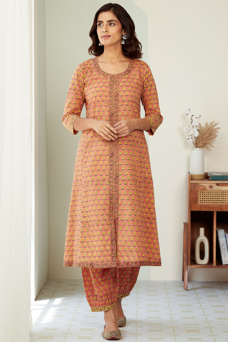 Peach Hand Block-Printed A-Line Cotton Kurta