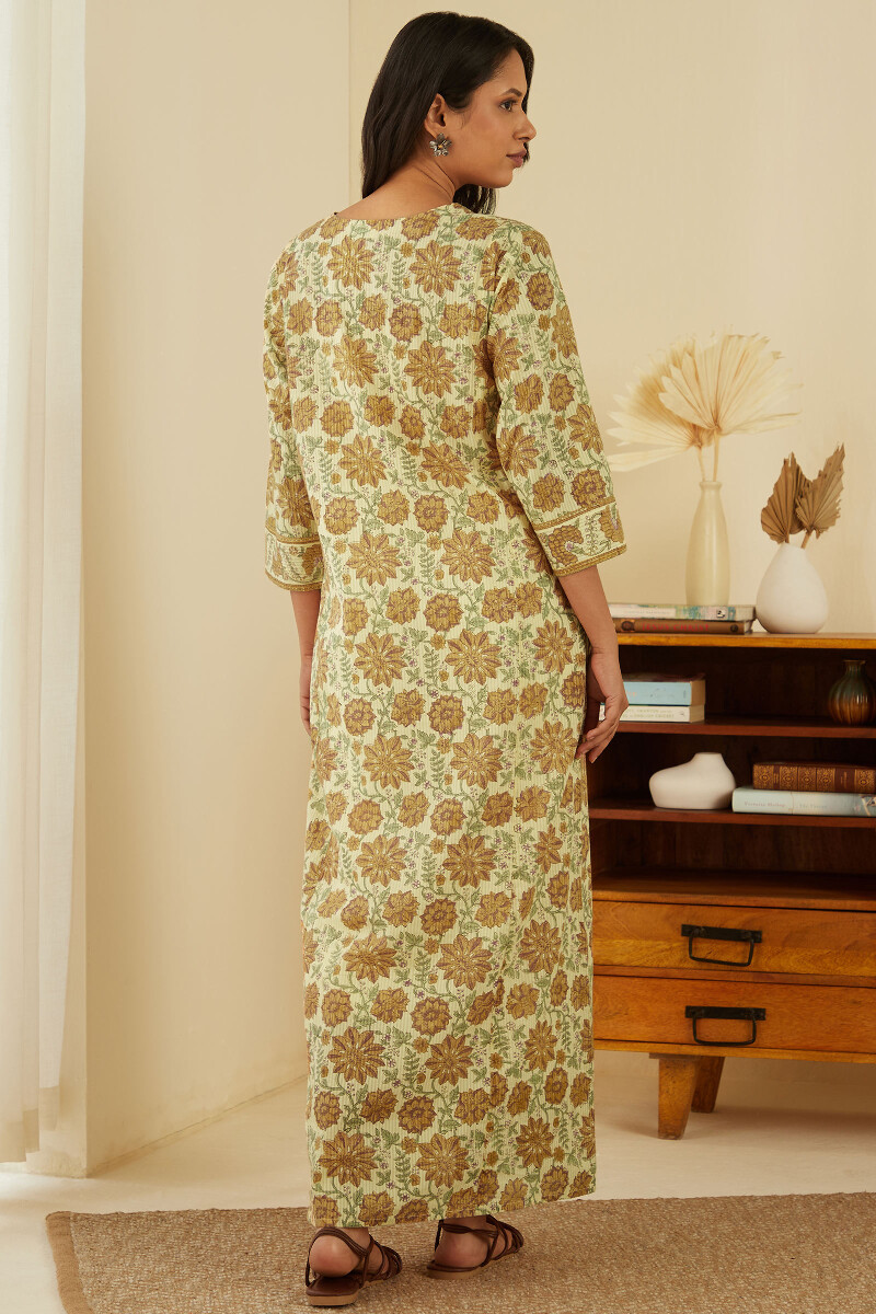 Beige Hand Block-Printed Cotton Dobby Kaftan