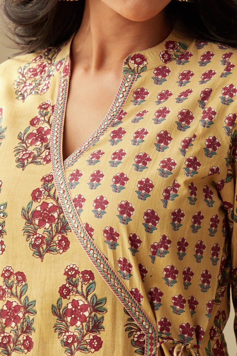 Yellow Hand Printed Angrakha Cotton Kurta