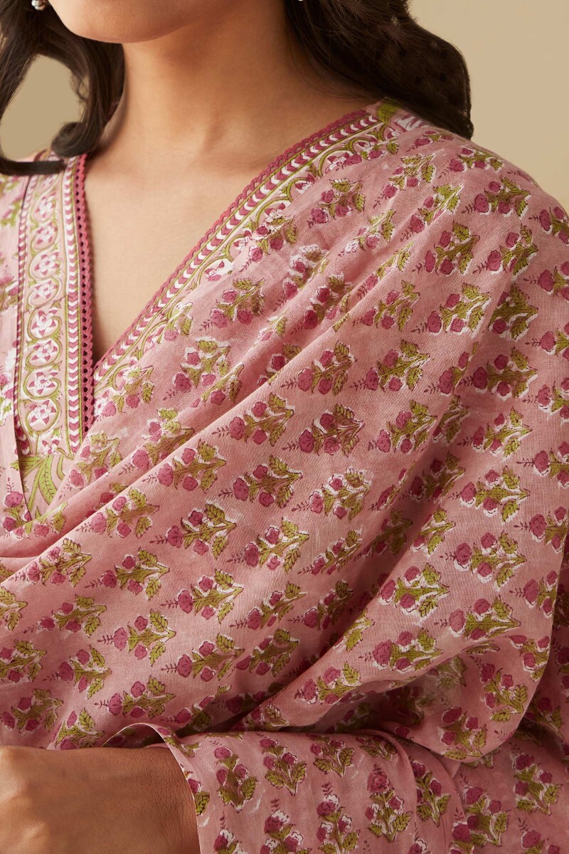 Pink Hand Block-Printed Cotton Mul Dupatta