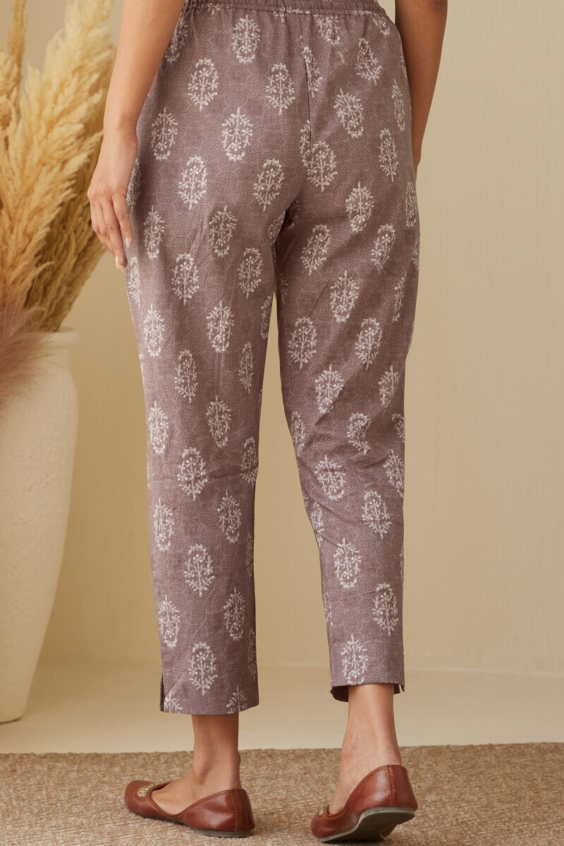 Brown Hand Printed Cotton Narrow Pants