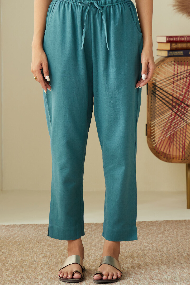 Blue Handcrafted Cotton Flax Narrow Pants