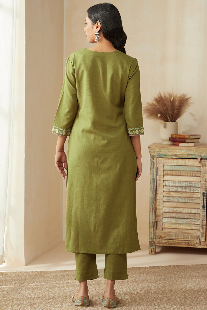 Olive Green Handcrafted Straight Cotton Flax Kurta