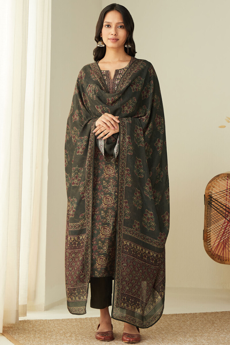 Olive Green Printed Straight Viscose Kurta