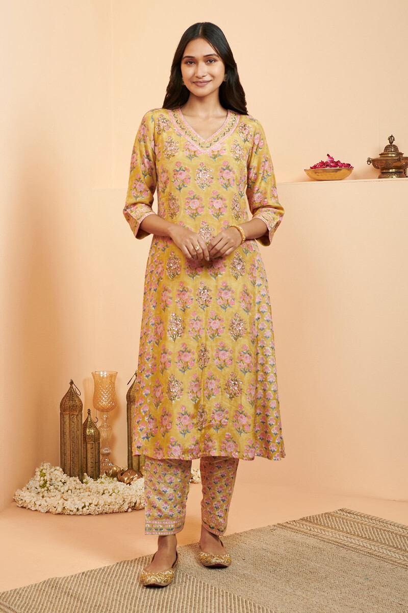 Yellow Hand Block Printed A-Line Modal Kurta