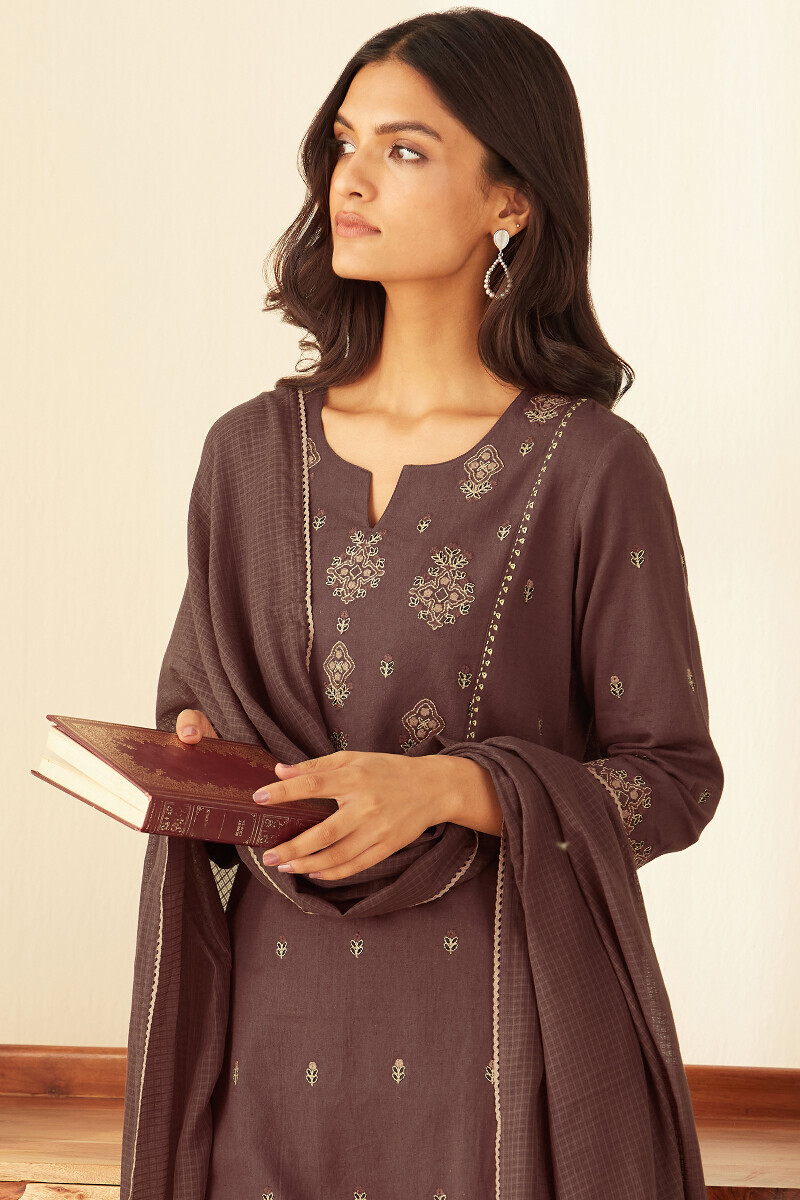 Brown Handcrafted Straight Cotton Flax Kurta