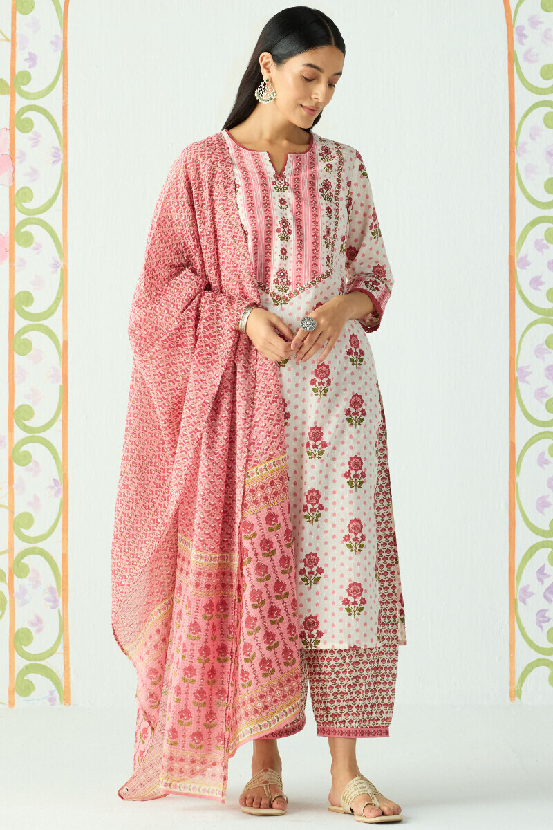 White Hand Printed Straight Cotton Dobby Kurta
