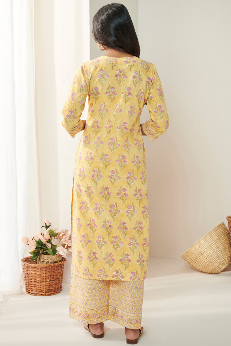 Yellow Hand Block Printed Straight Cotton Slub Kurta