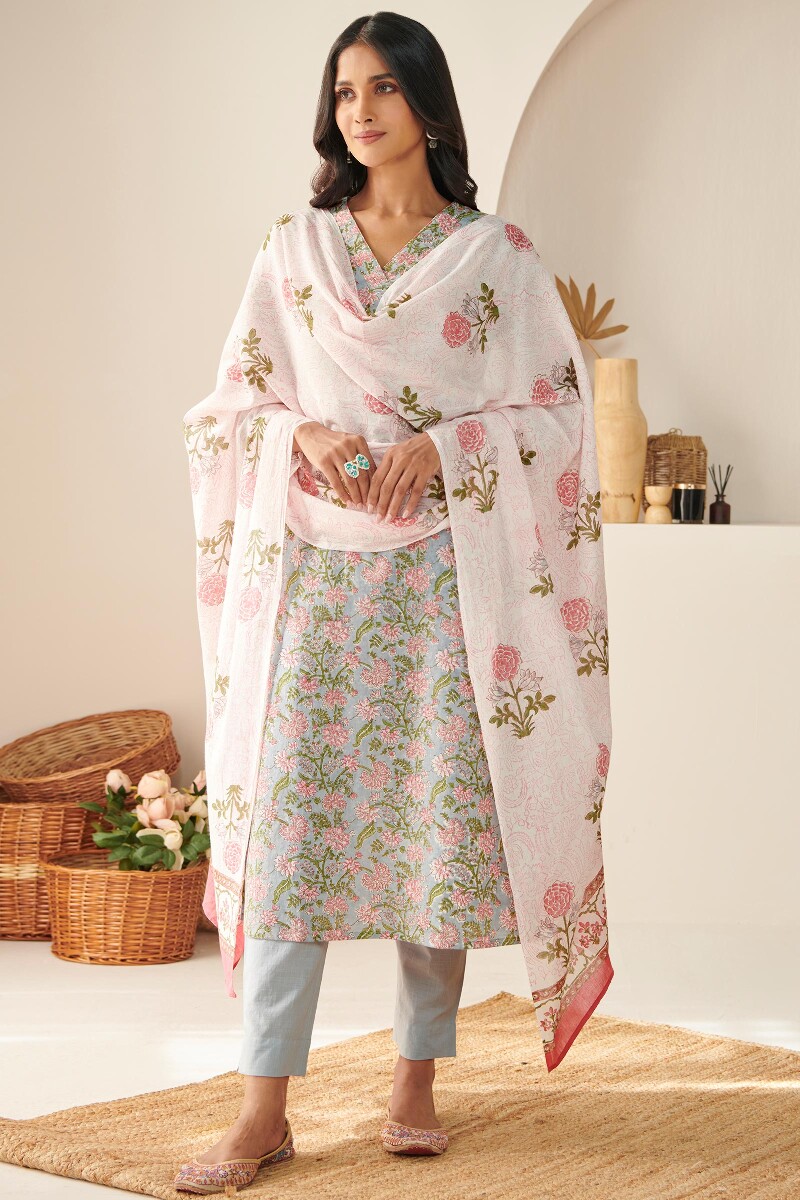 Off-White Hand Block Printed Cotton Mul Dupatta