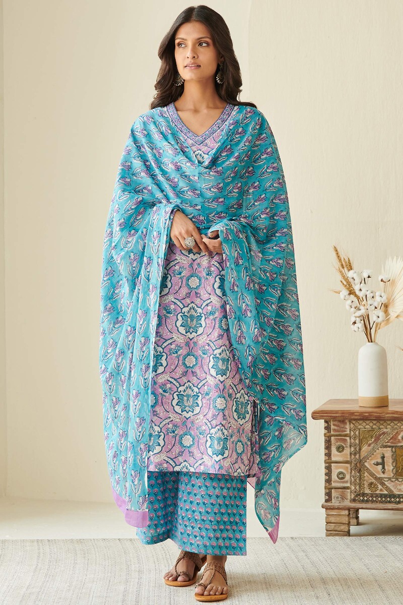 Purple Hand Block Printed A-line Cotton Kurta