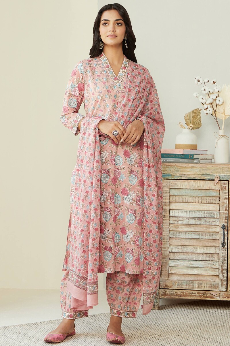 Pink Hand Block Printed Straight Cotton Kurta