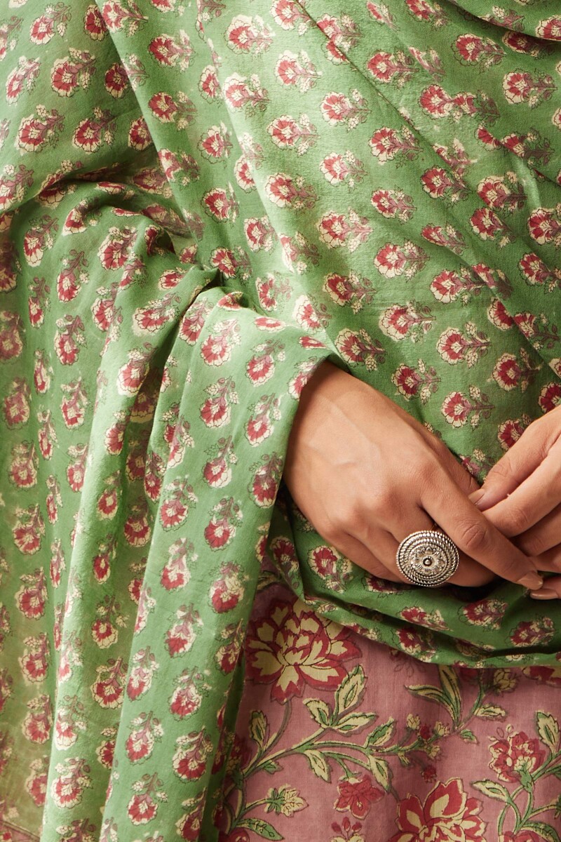 Green Hand Block-Printed Cotton Mul Dupatta