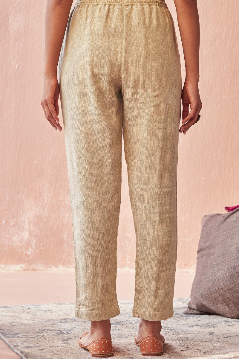 Beige Handcrafted Faux Wool Narrow Pants