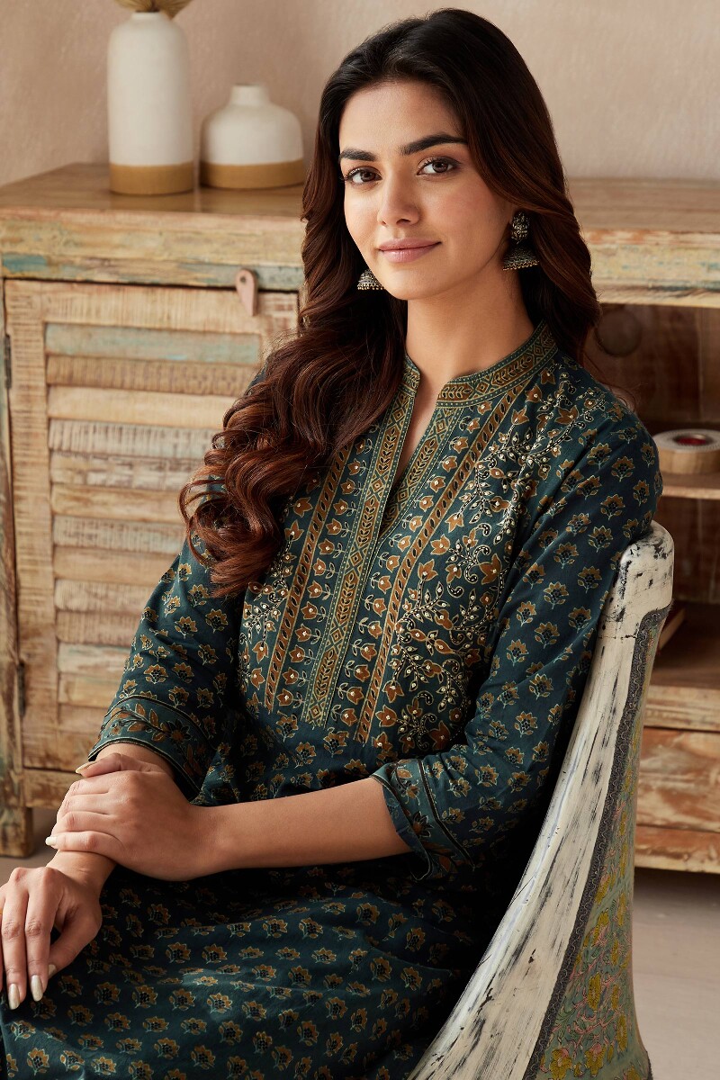 Ajrak Hand Block-Printed Straight Cotton Kurta