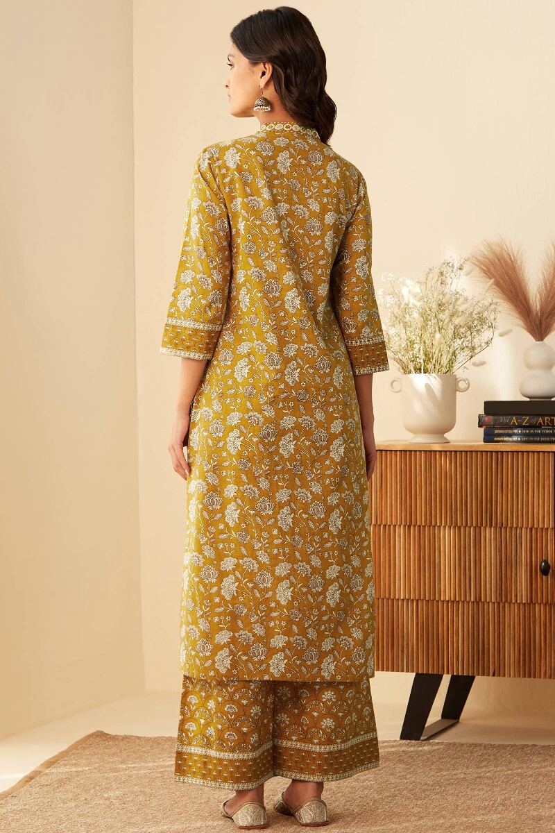 Mustard Hand Printed Straight Cotton Slub Kurta