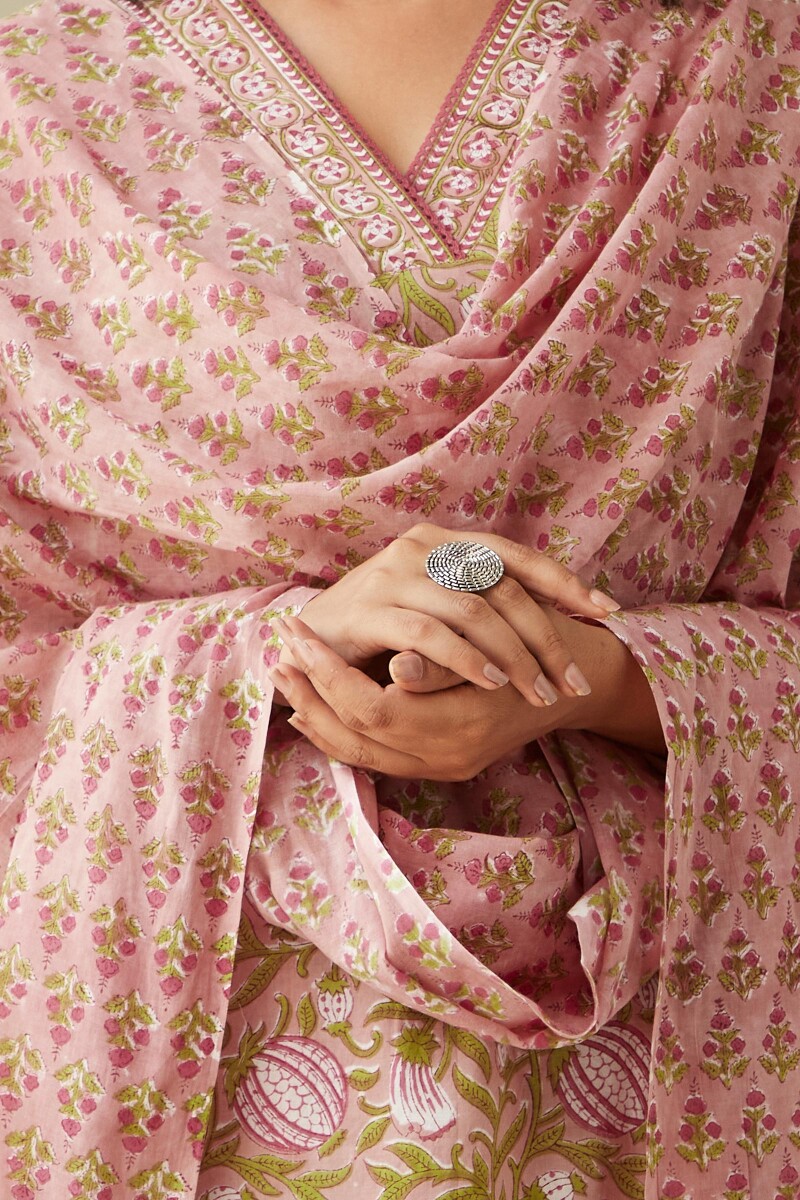 Pink Hand Block-Printed Cotton Mul Dupatta