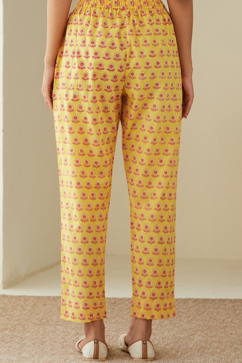 Yellow Hand Printed Cotton Narrow Pants