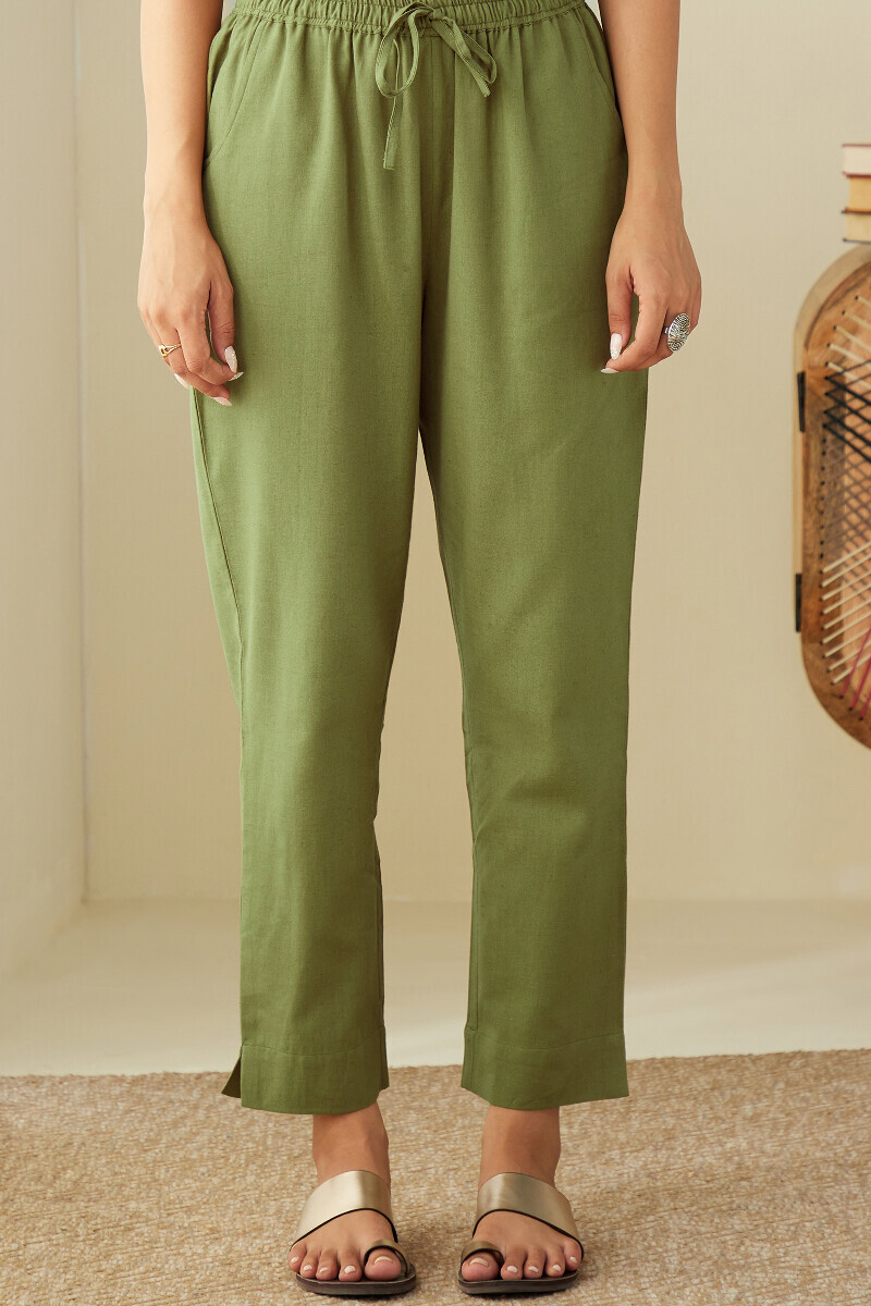 Green Handcrafted Cotton Flax Narrow Pants