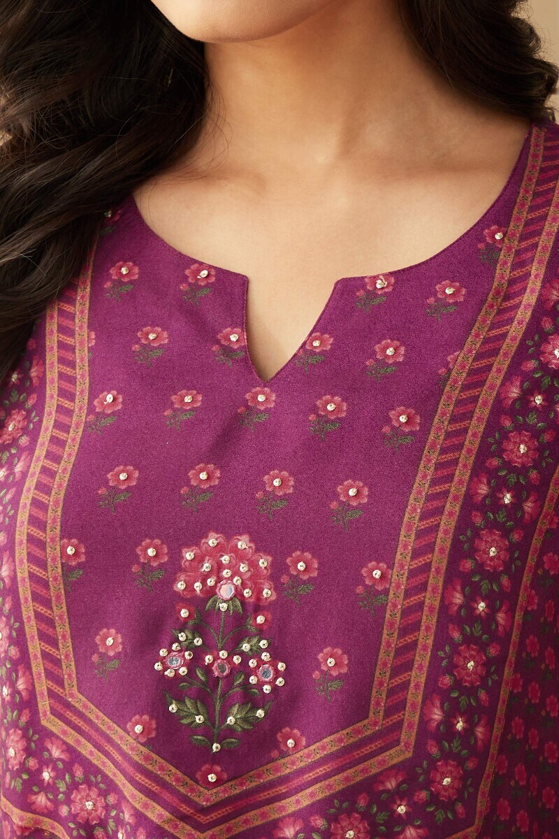 Purple Printed Straight Viscose Kurta