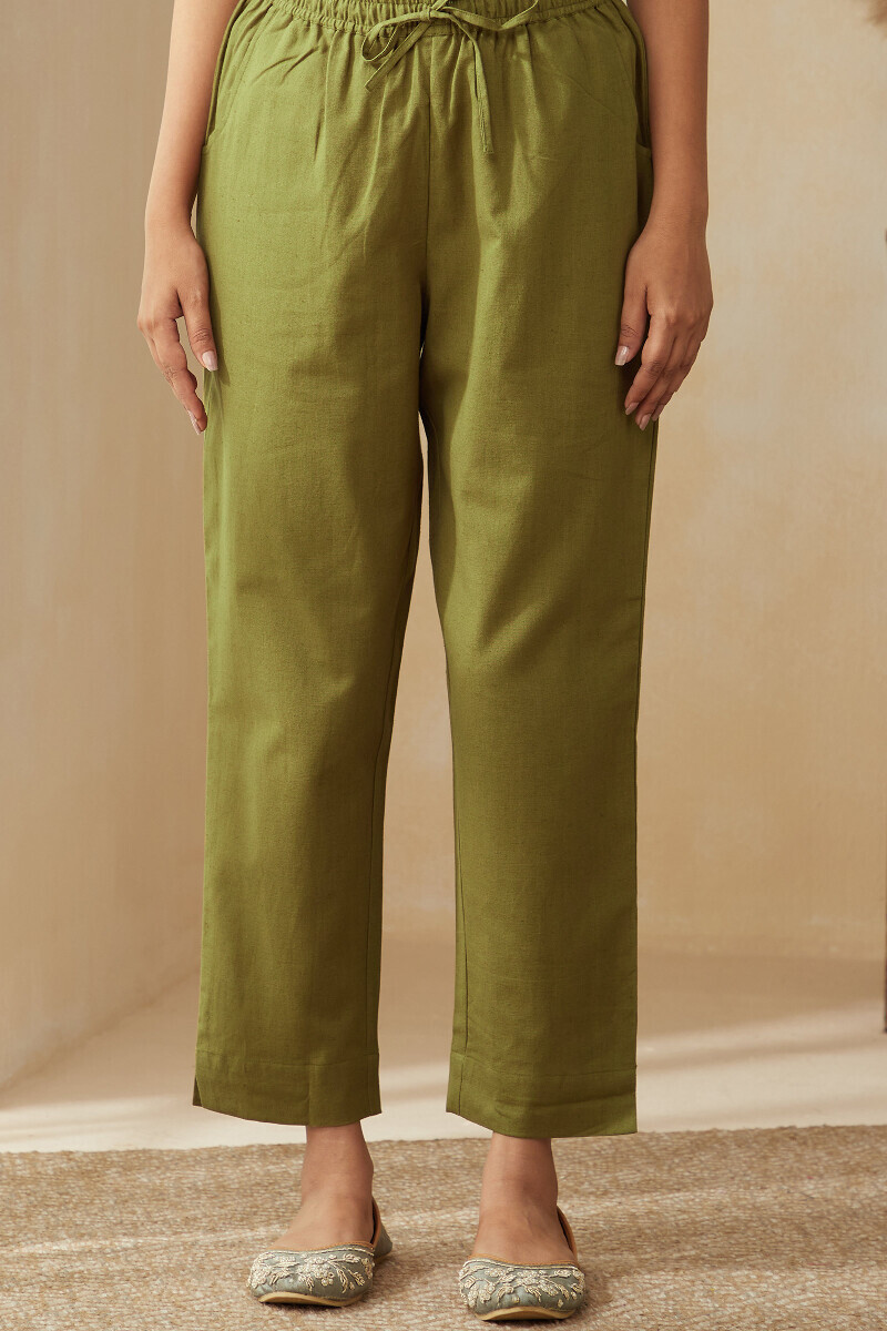 Olive Green Handcrafted Cotton Flax Narrow Pants