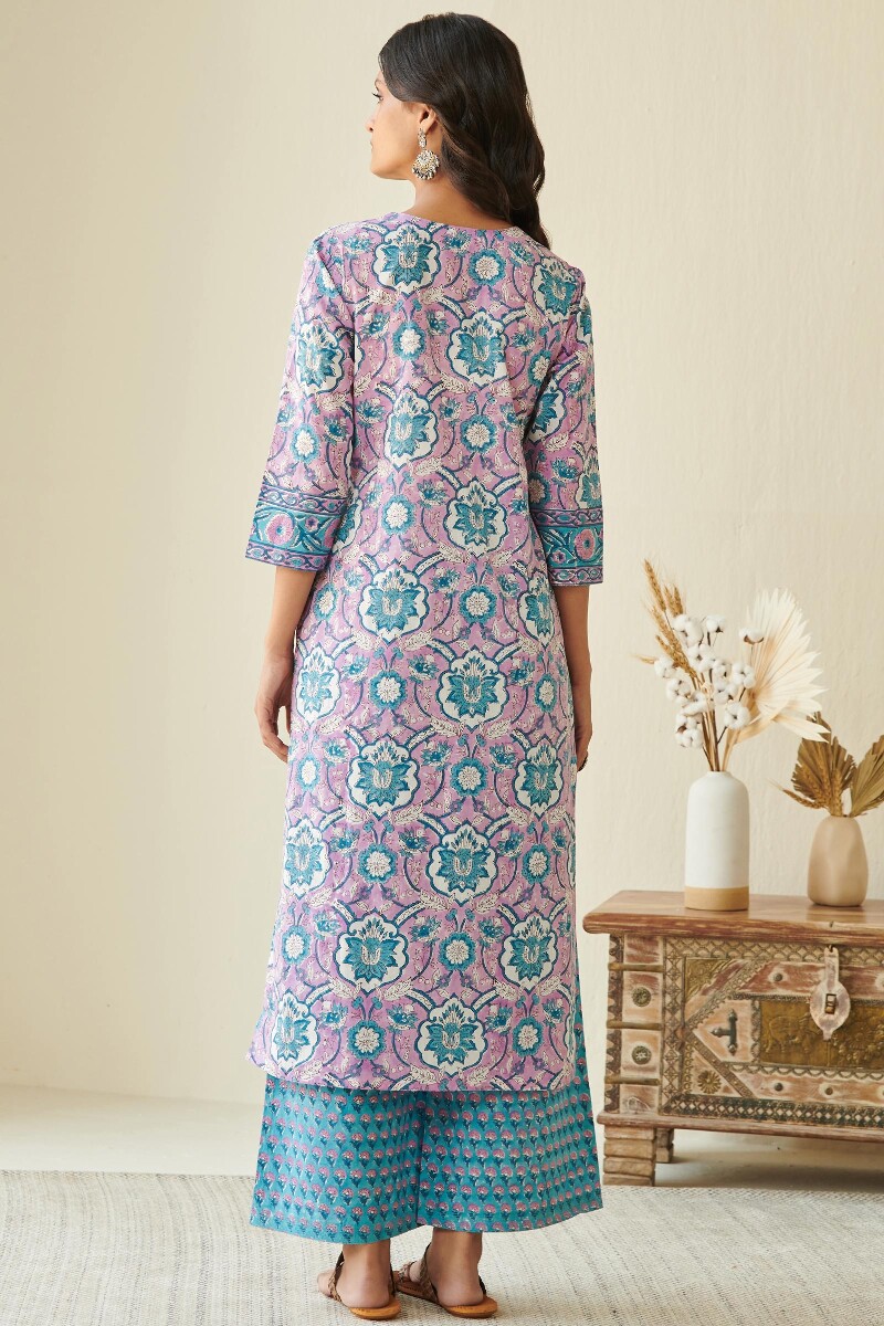 Purple Hand Block Printed A-line Cotton Kurta