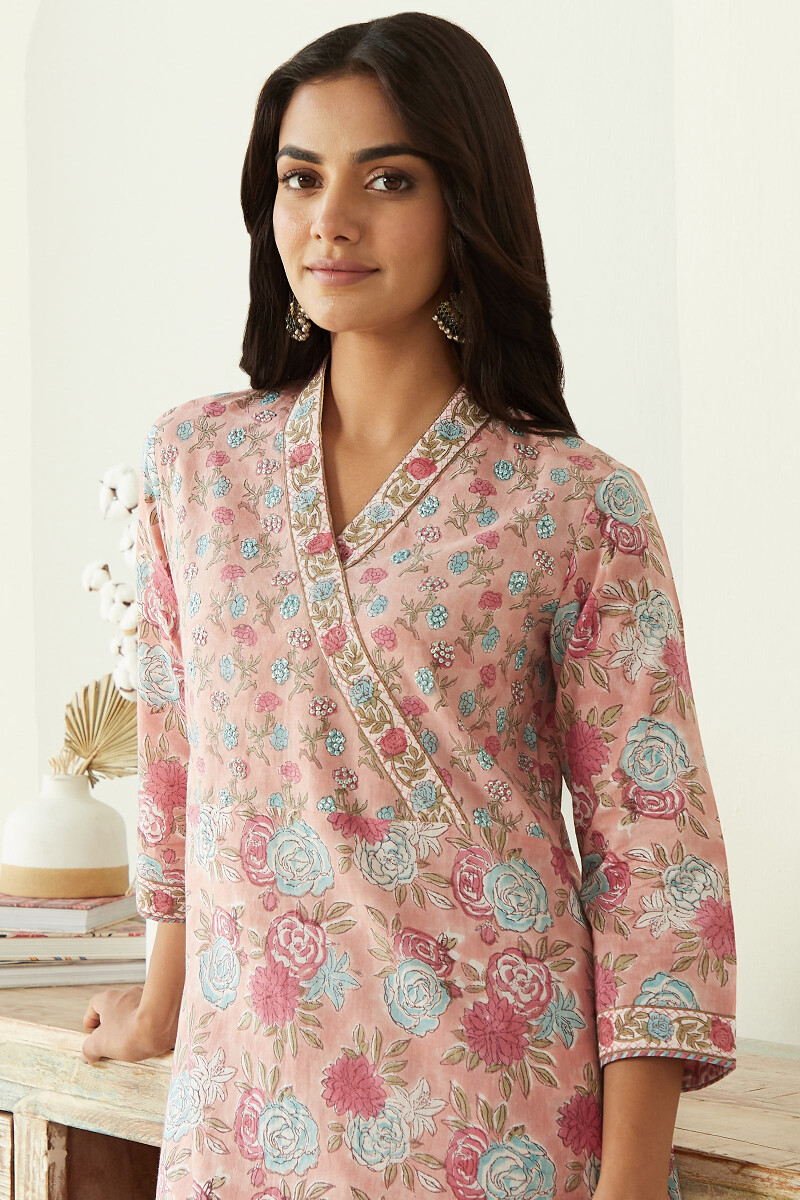 Pink Hand Block Printed Straight Cotton Kurta