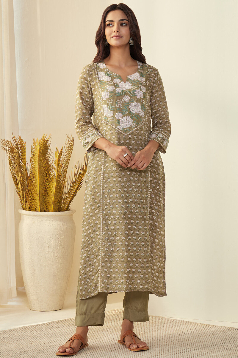 Brown Hand Block-Printed Straight Modal Kurta