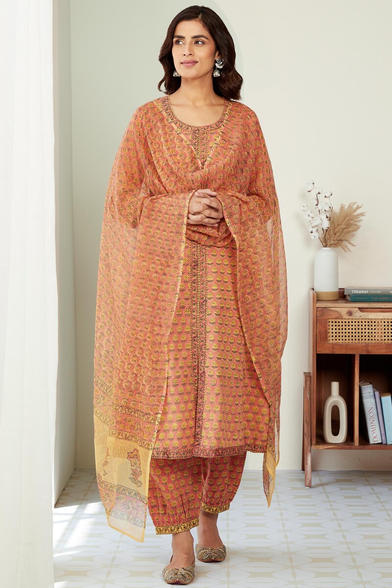 Peach Hand Block-Printed A-Line Cotton Kurta