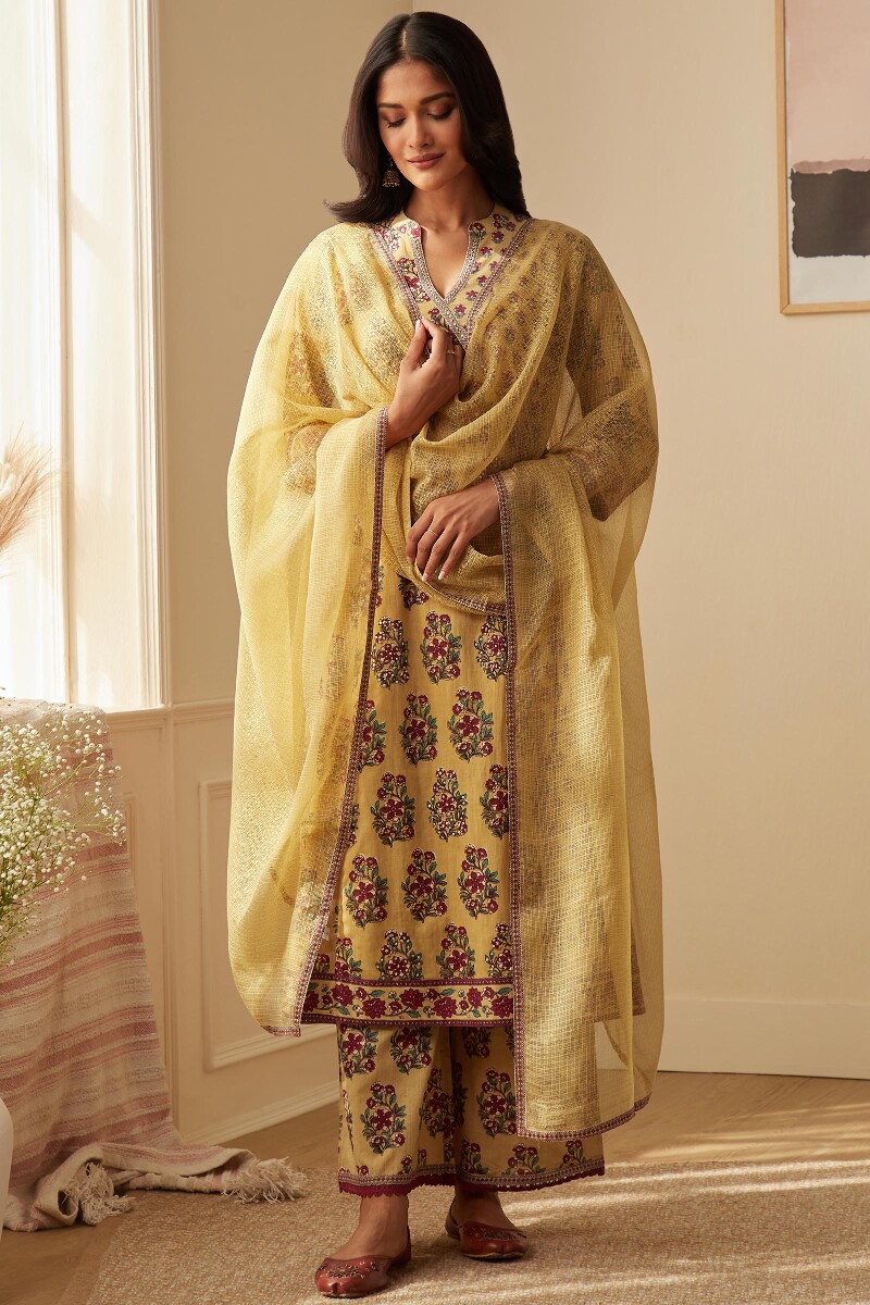 Yellow Hand Printed Angrakha Cotton Kurta