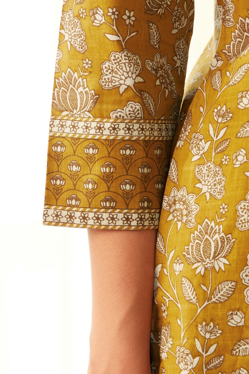 Mustard Hand Printed Straight Cotton Slub Kurta