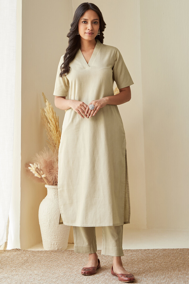 Beige Handcrafted Straight Cotton Flax Kurta